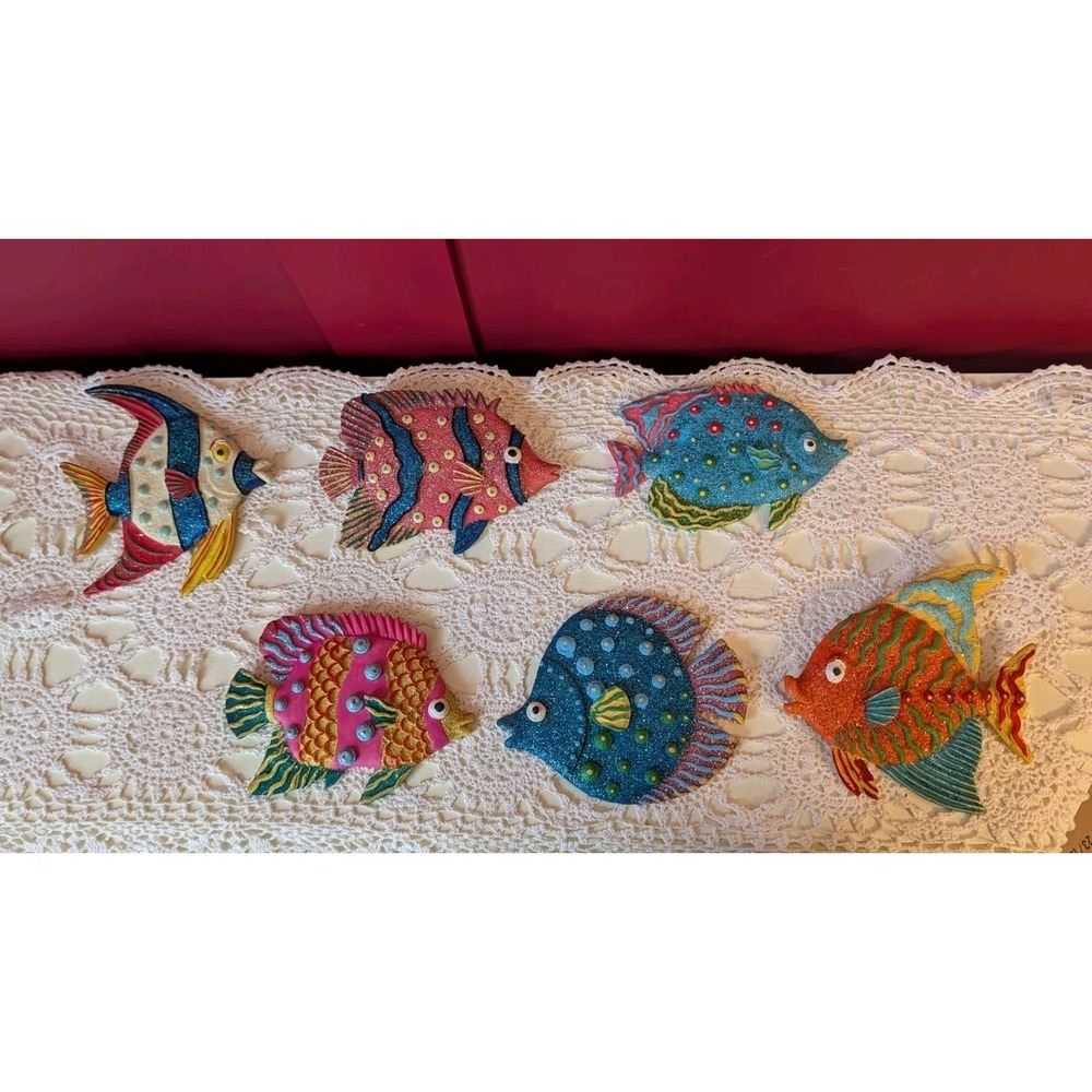 Colorful Tropical Glitter Fish Resin Wall Art Plaques Hanging Decor Set Of 6